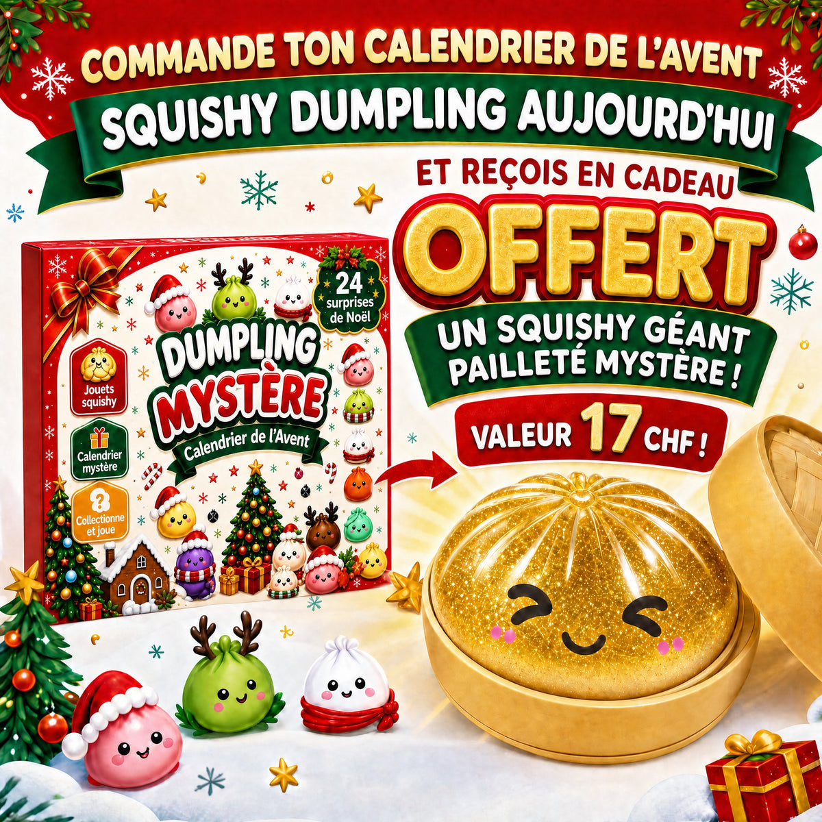 Calendrier de l'Avent Squishy + squishy géant pailleté offert