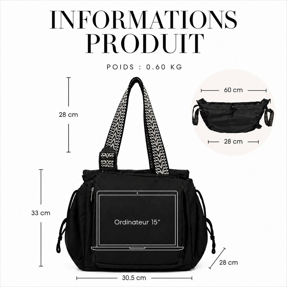 Dimensions du sac de voyage 3-en-1